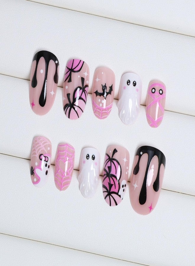 KRTBKR 24Pcs Cute Ghost Press on Nails Short Pink French Tip Fake Nails Almond Shaped 3D Spooky with Pumpkin Bat Spider Web Mummy Design Full Cover Cute Halloween False Nails for Women Acrylic Manicure Tips - Image 4