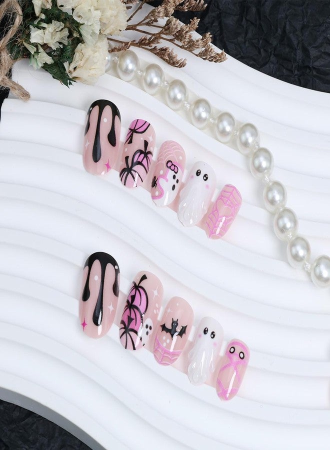KRTBKR 24Pcs Cute Ghost Press on Nails Short Pink French Tip Fake Nails Almond Shaped 3D Spooky with Pumpkin Bat Spider Web Mummy Design Full Cover Cute Halloween False Nails for Women Acrylic Manicure Tips - Image 2