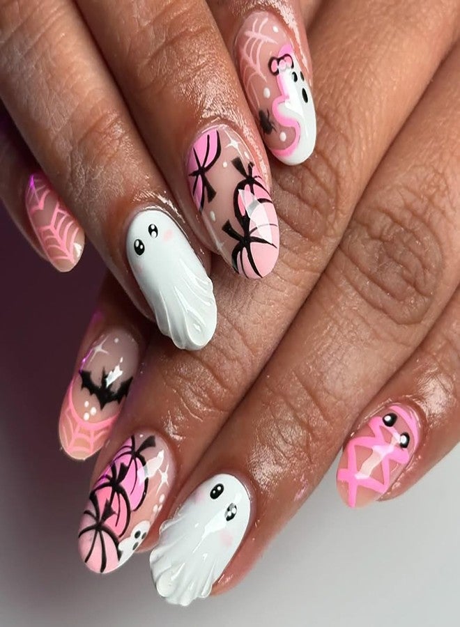 KRTBKR 24Pcs Cute Ghost Press on Nails Short Pink French Tip Fake Nails Almond Shaped 3D Spooky with Pumpkin Bat Spider Web Mummy Design Full Cover Cute Halloween False Nails for Women Acrylic Manicure Tips - Image 1