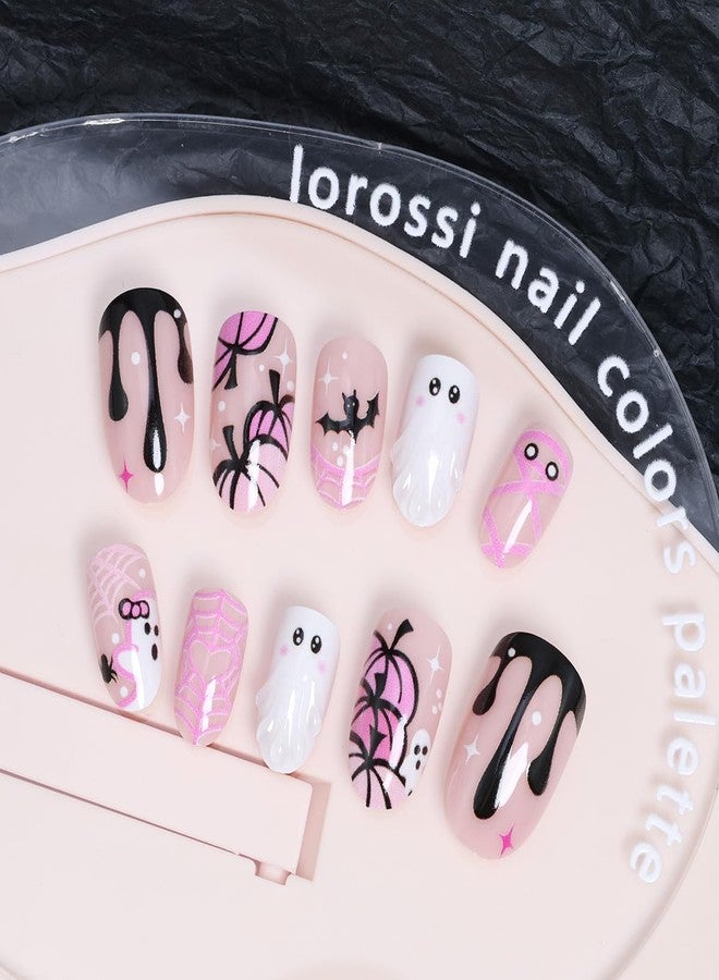 KRTBKR 24Pcs Cute Ghost Press on Nails Short Pink French Tip Fake Nails Almond Shaped 3D Spooky with Pumpkin Bat Spider Web Mummy Design Full Cover Cute Halloween False Nails for Women Acrylic Manicure Tips - Image 3