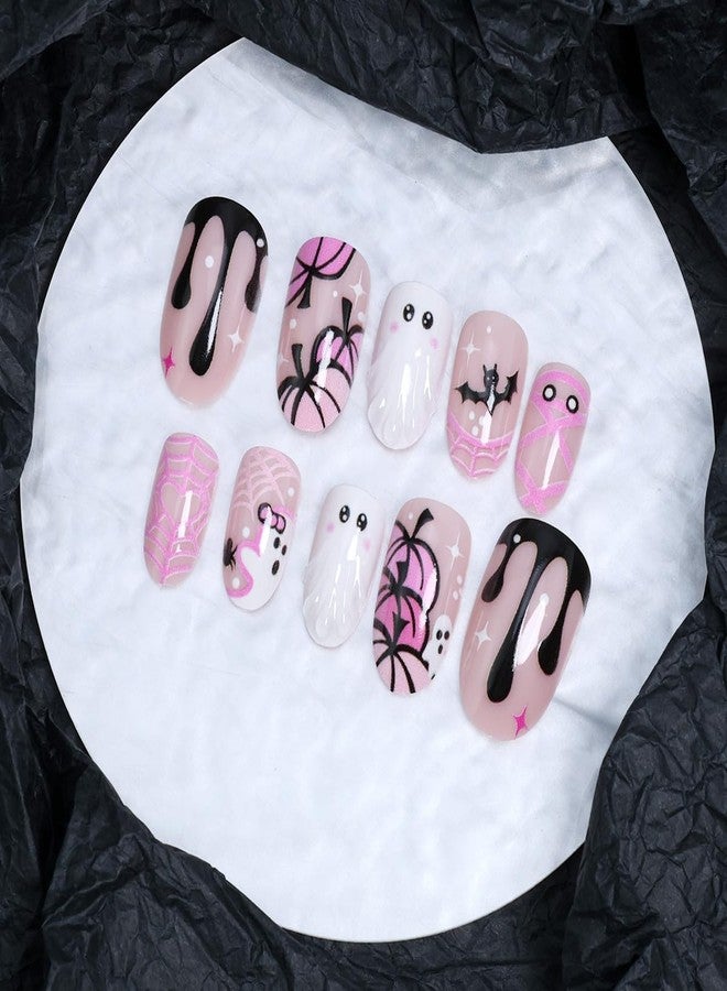 KRTBKR 24Pcs Cute Ghost Press on Nails Short Pink French Tip Fake Nails Almond Shaped 3D Spooky with Pumpkin Bat Spider Web Mummy Design Full Cover Cute Halloween False Nails for Women Acrylic Manicure Tips - Image 5