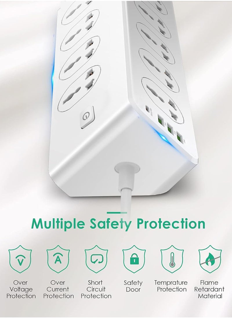 مهايئ تمديد الطاقة متعدد المقابس، 10 منافذ طاقة، 3 مقابس USB-A، 1 مقبس USB-C عالمي، كبل تمديد طاقة بطول 2 متر، مع واقي من زيادة التيار الكهربائي