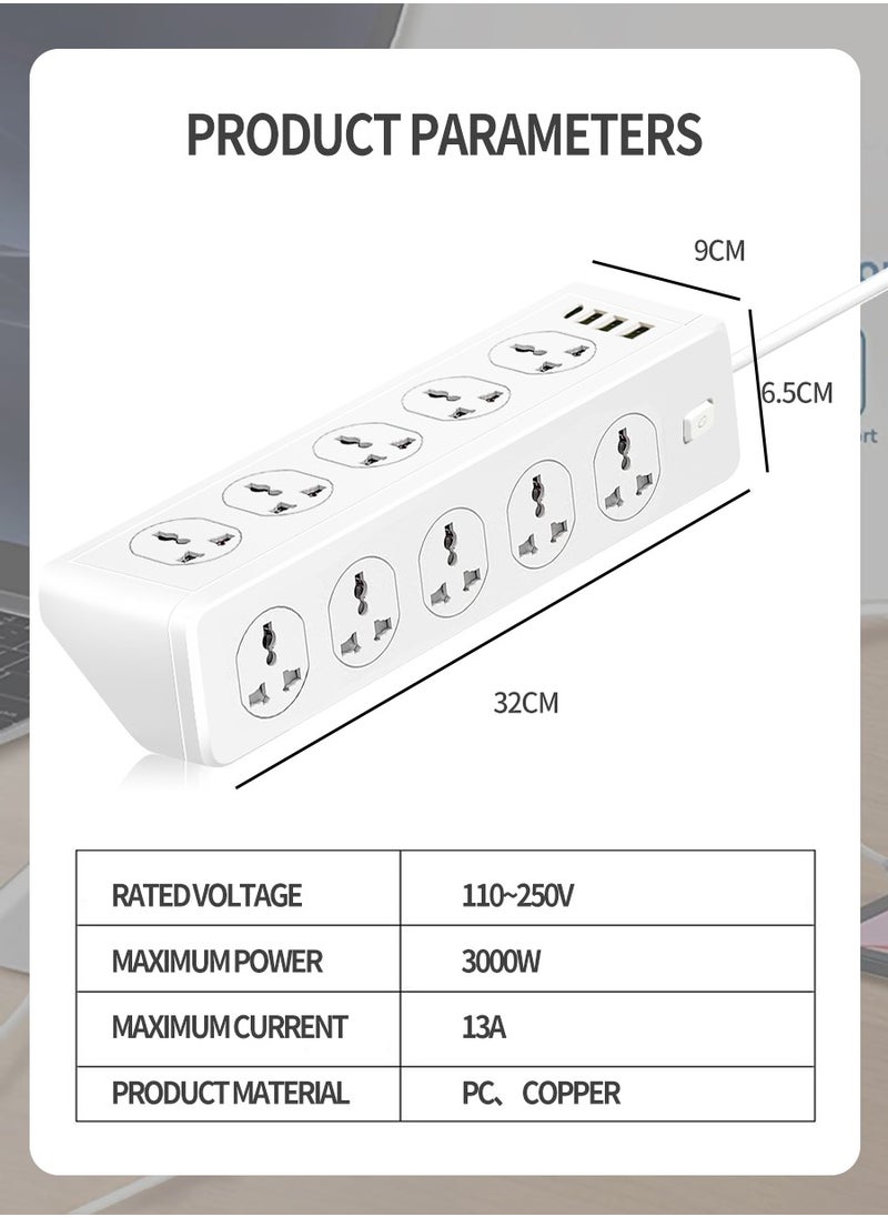 بيروي مهايئ تمديد الطاقة متعدد المقابس، 10 منافذ طاقة، 3 مقابس USB-A، 1 مقبس USB-C عالمي، كبل تمديد طاقة بطول 2 متر، مع واقي من زيادة التيار الكهربائي  - Image 3