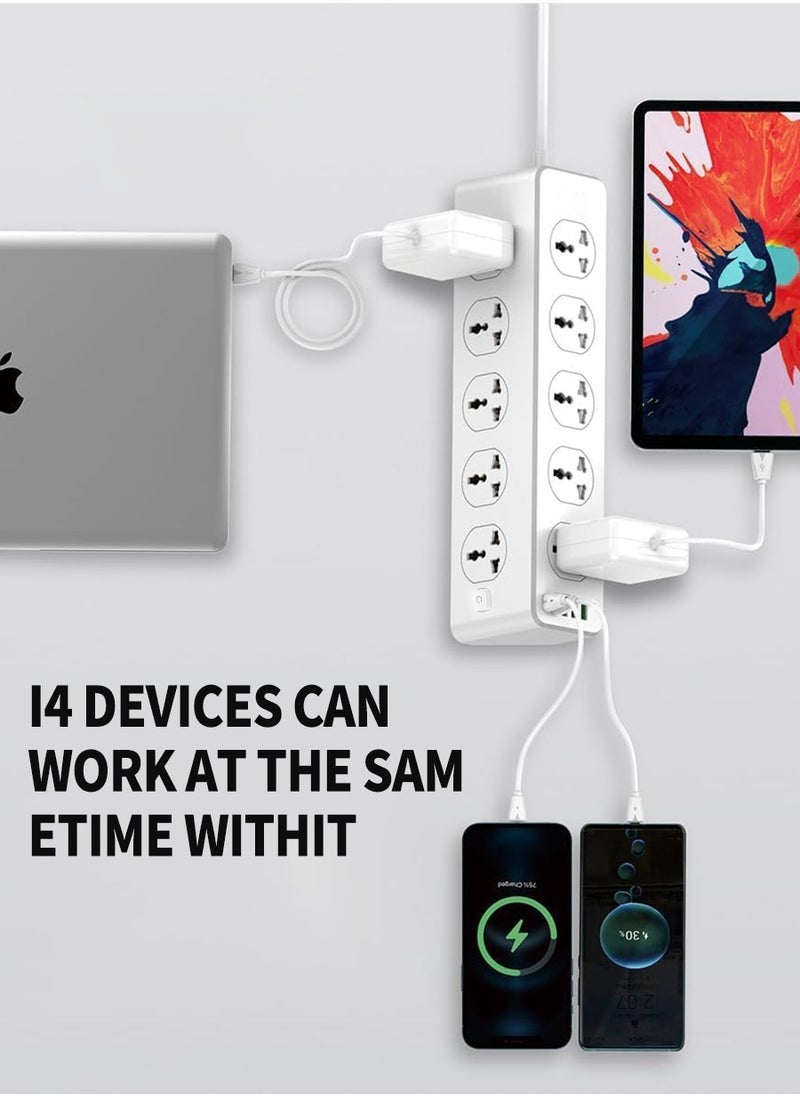 مهايئ تمديد الطاقة متعدد المقابس، 10 منافذ طاقة، 3 مقابس USB-A، 1 مقبس USB-C عالمي، كبل تمديد طاقة بطول 2 متر، مع واقي من زيادة التيار الكهربائي