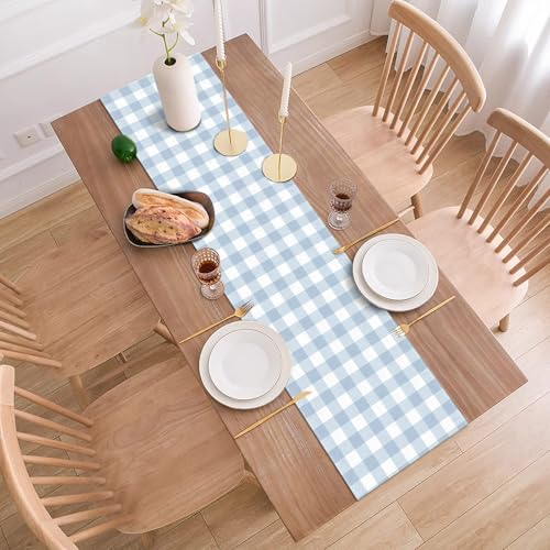 Buxiuer Dusty Blue Gingham Table Runner Light Blue Checkered Boy Girl Baby Shower Birthday Party Decoration Home Dining Kitchen Island Decor (13" x 90") - Image 4