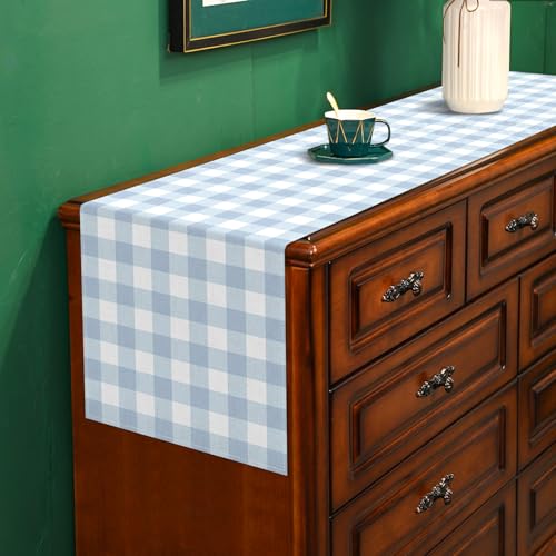 Buxiuer Dusty Blue Gingham Table Runner Light Blue Checkered Boy Girl Baby Shower Birthday Party Decoration Home Dining Kitchen Island Decor (13" x 90") - Image 3
