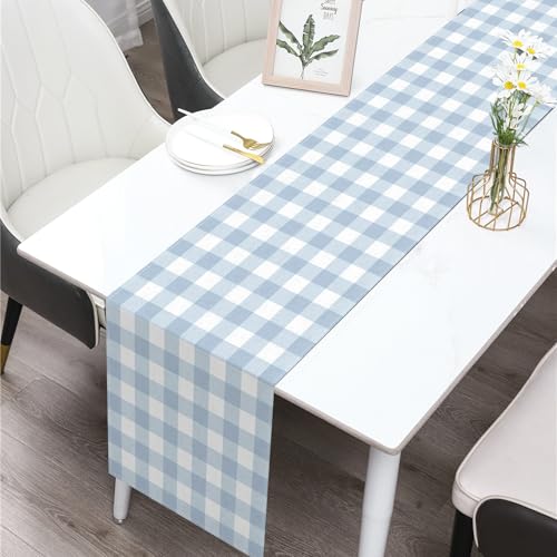 Buxiuer Dusty Blue Gingham Table Runner Light Blue Checkered Boy Girl Baby Shower Birthday Party Decoration Home Dining Kitchen Island Decor (13" x 90") - Image 5