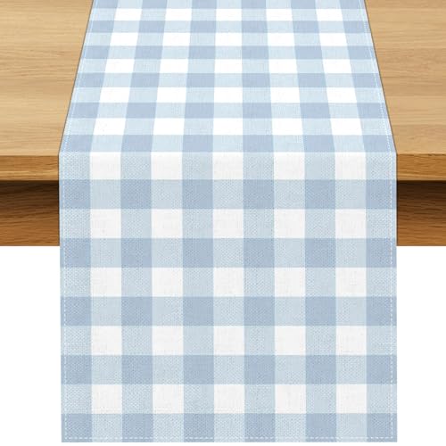 Buxiuer Dusty Blue Gingham Table Runner Light Blue Checkered Boy Girl Baby Shower Birthday Party Decoration Home Dining Kitchen Island Decor (13" x 90") - Image 1