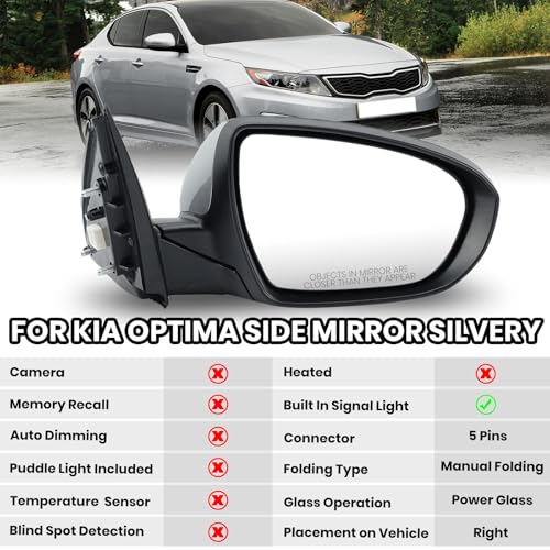 MOFOAP Passenger Side Mirror Compatible with 2011 2012 2013 Kia Optima Mirrors with Turn Signal Light,Power Glass,Manual Folding,Silvery (5 Pins) - Image 2