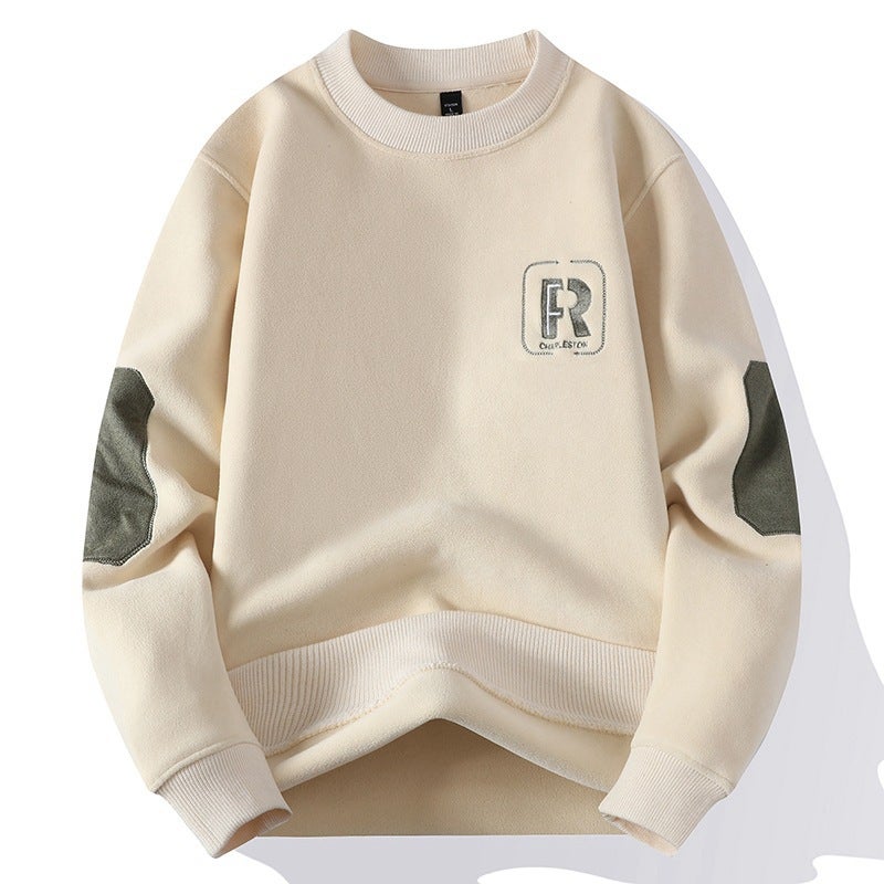 Double-sided Olympic Grain Fleece Sweater Mens Autumn and Winter fleece-lined Thickened Round Neck Base Shirt Middle School Students Warm Inner Top for Men Khaki 781 plus velvet