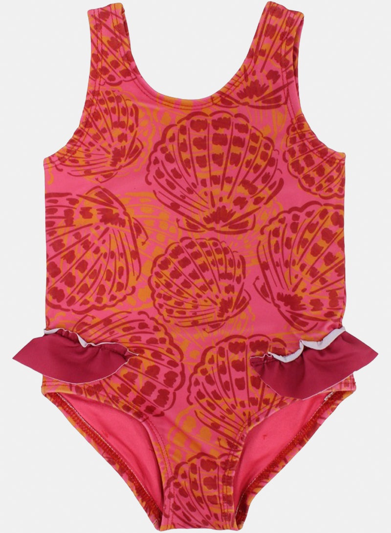 Baby Girls One-Piece Sleeveless Swimsuit – Maroon with Shell Print
