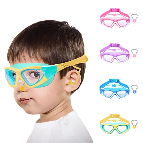 Vvinca Kids Swim Goggles, 180° Clear View Anti-Fog Anit-UV Swimming Goggles, No Leaking Quick Adjustable Strap Swimming Glasses for Kids Children Youth Teens Age 3-12, Yellow - Image 1