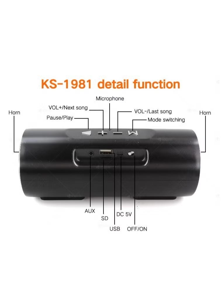 Kisonli KS-1981 Wireless Bluetooth Speaker with Stereo Sound, AUX Input, TF Card Support & Portable Design - Black - Image 5