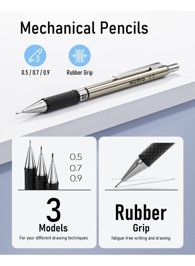 نيكبرو مجموعة أقلام رصاص ميكانيكية فنية مكونة من 6 قطع، 3 قطع أقلام رسم معدنية 0.5 مم و0.7 مم و0.9 مم و3 قطع حامل رصاص جرافيت 2 مم (2B Hb 2H) للكتابة والرسم مع علبة عبوات رصاص - Image 3