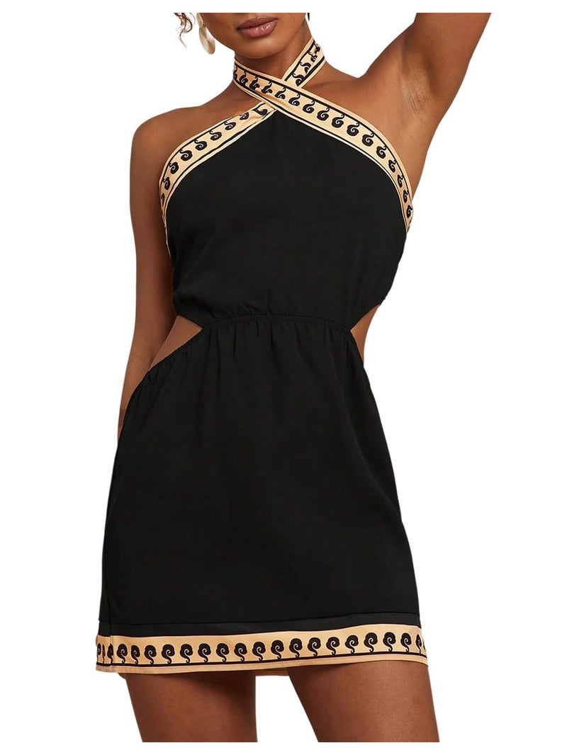 MakeMeChic Women's Boho Mini Dress Summer Beach Vacation Halter Dresses Floral Sundress Black Medium - Image 1