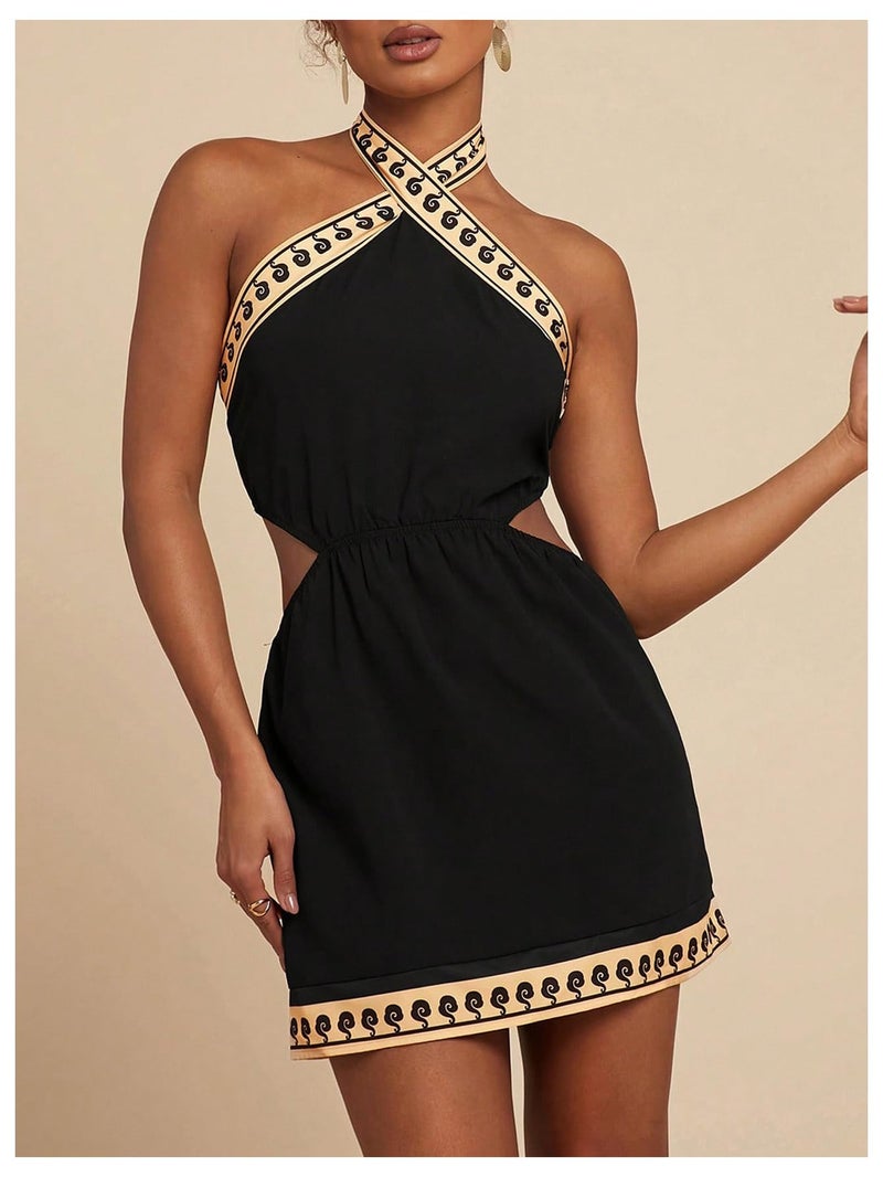 MakeMeChic Women's Boho Mini Dress Summer Beach Vacation Halter Dresses Floral Sundress Black Medium - Image 5
