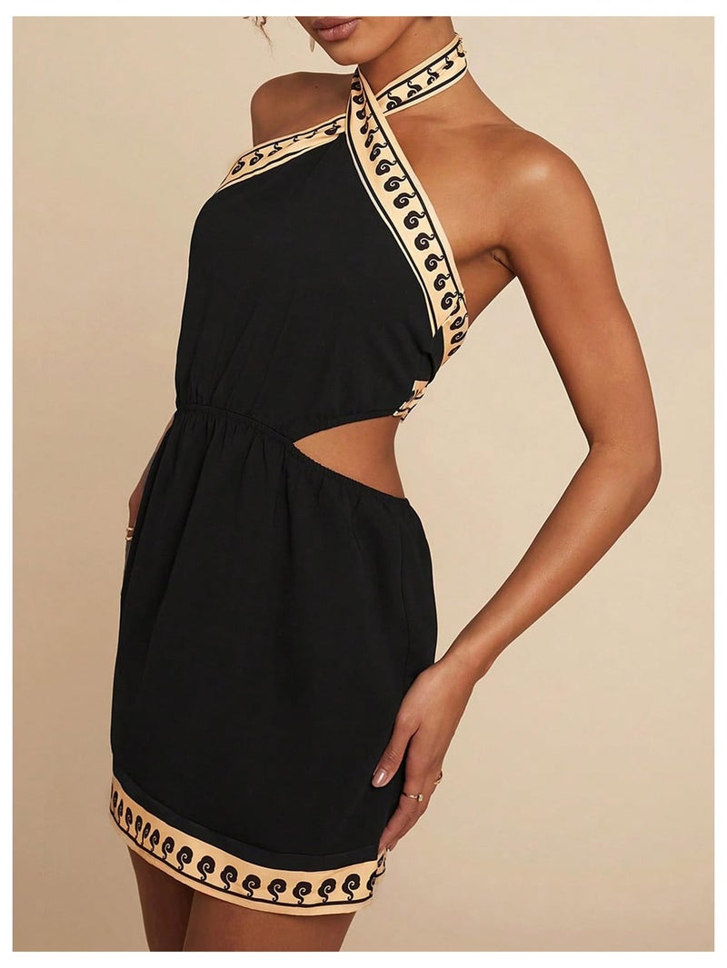 MakeMeChic Women's Boho Mini Dress Summer Beach Vacation Halter Dresses Floral Sundress Black Medium - Image 2