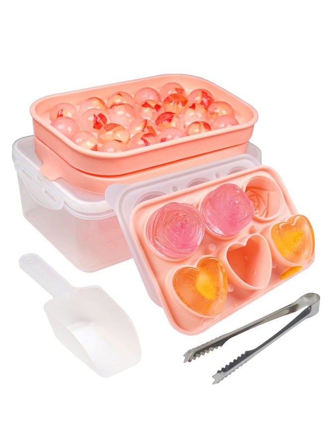 IDVVSSX Silicone Ice Molds Fun Shapes Set, Heart Rose Ice Cube Mold, Small Round Ice Cube Tray, Makes 22 Sphere & 3 Heart 3 Rose Shape Ice Balls for Chilling Whiskey Cocktails, 2 Ice Trays with Bin Scoop Tong - Image 1