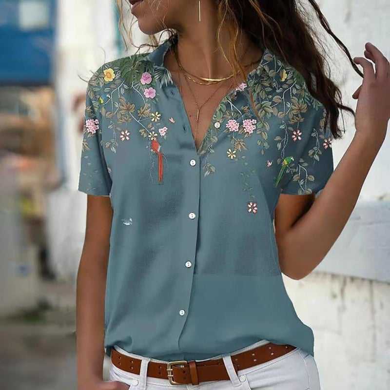 Women's Printed Short Sleeve Button Down Shirt - Image 2
