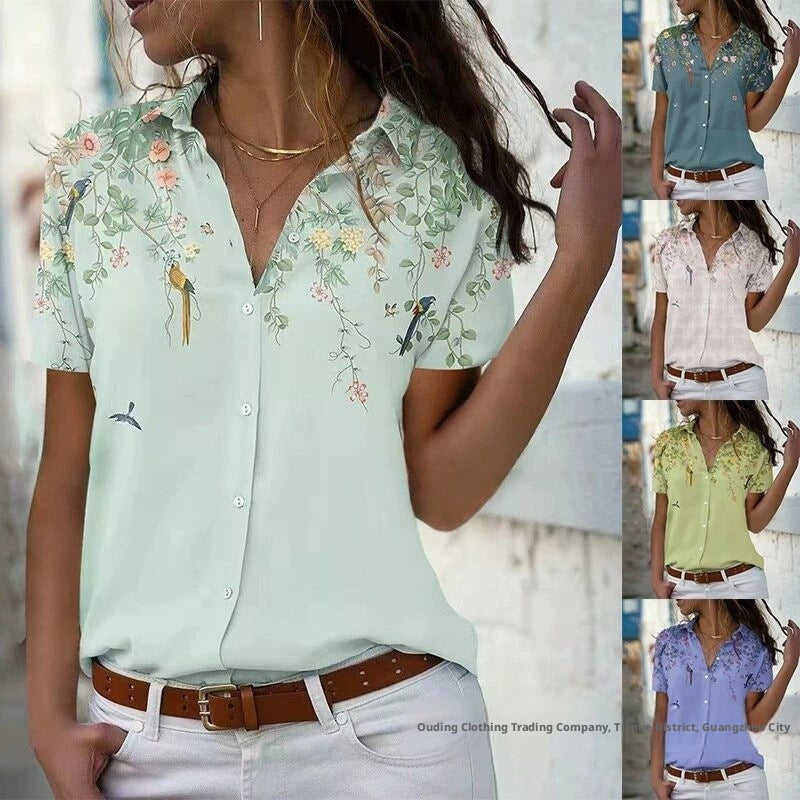 Women's Printed Short Sleeve Button Down Shirt - Image 1
