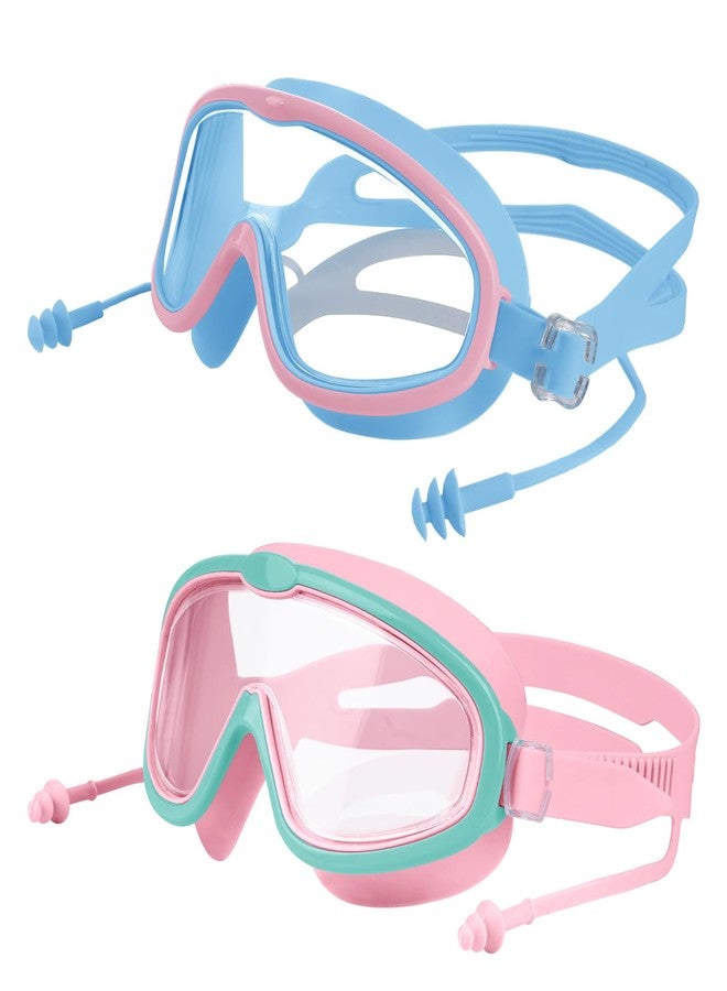 Ishua 2 Packs Kids Swim Goggles for 5-14, Swimming Goggles with Earplugs Wide Vision For Boys Girls Youth Toddler (2, Blue pink & Pink green) - Image 1