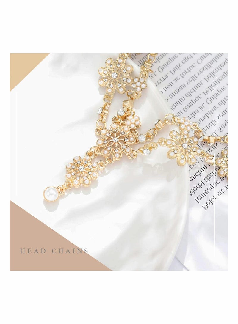 إسكدنيا عصابات رأس الزفاف سلسلة مجوهرات رأس زهرية قطع شعر سلاسل رأس من الكريستال واللؤلؤ قطع رأس أزياء المهرجان إكسسوارات شعر الزفاف للنساء والفتيات (ذهبي) - Image 3