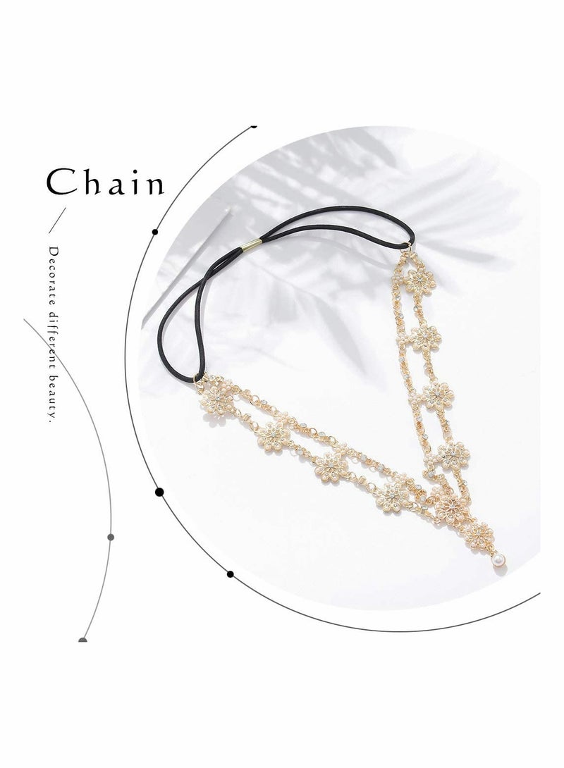 إسكدنيا عصابات رأس الزفاف سلسلة مجوهرات رأس زهرية قطع شعر سلاسل رأس من الكريستال واللؤلؤ قطع رأس أزياء المهرجان إكسسوارات شعر الزفاف للنساء والفتيات (ذهبي) - Image 2
