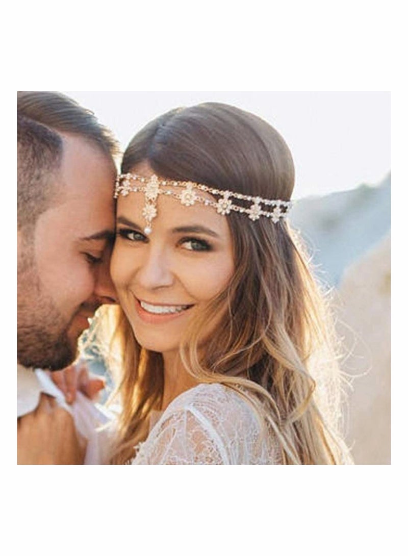 إسكدنيا عصابات رأس الزفاف سلسلة مجوهرات رأس زهرية قطع شعر سلاسل رأس من الكريستال واللؤلؤ قطع رأس أزياء المهرجان إكسسوارات شعر الزفاف للنساء والفتيات (ذهبي) - Image 4