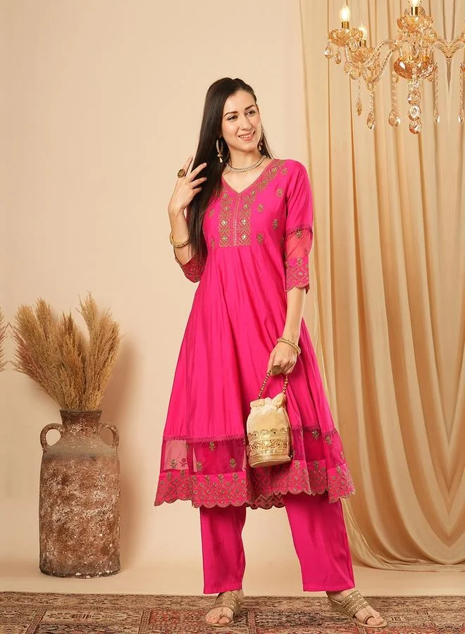 globus Women Pink Sequinned and Embroidered Yoke Panelled Scalloped Hem Anarkali Kurta With Elasticated Pants Festive Set by Styli