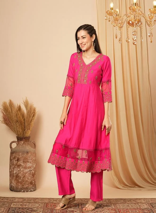 globus Women Pink Sequinned and Embroidered Yoke Panelled Scalloped Hem Anarkali Kurta With Elasticated Pants Festive Set by Styli