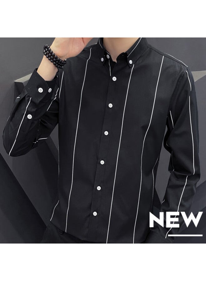 Romon Long-sleeve Shirt For Men, Korean-style Striped Shirt, Trendy Versatile Slim-fit Wrinkle-free Dress Shirt, Dark Green Wide Stripes, 2XL