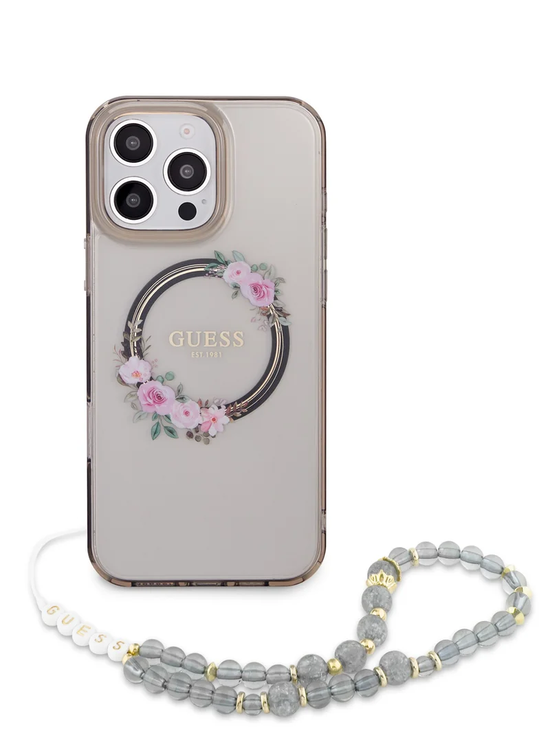 GUESS iPhone 16 Pro Max Magsafe Case IML Hard Cover with Flower Wreath Design & Pearl Strap / Shock Absorption / Precise Cutouts / Slim and Lightweight Back Cover - Black