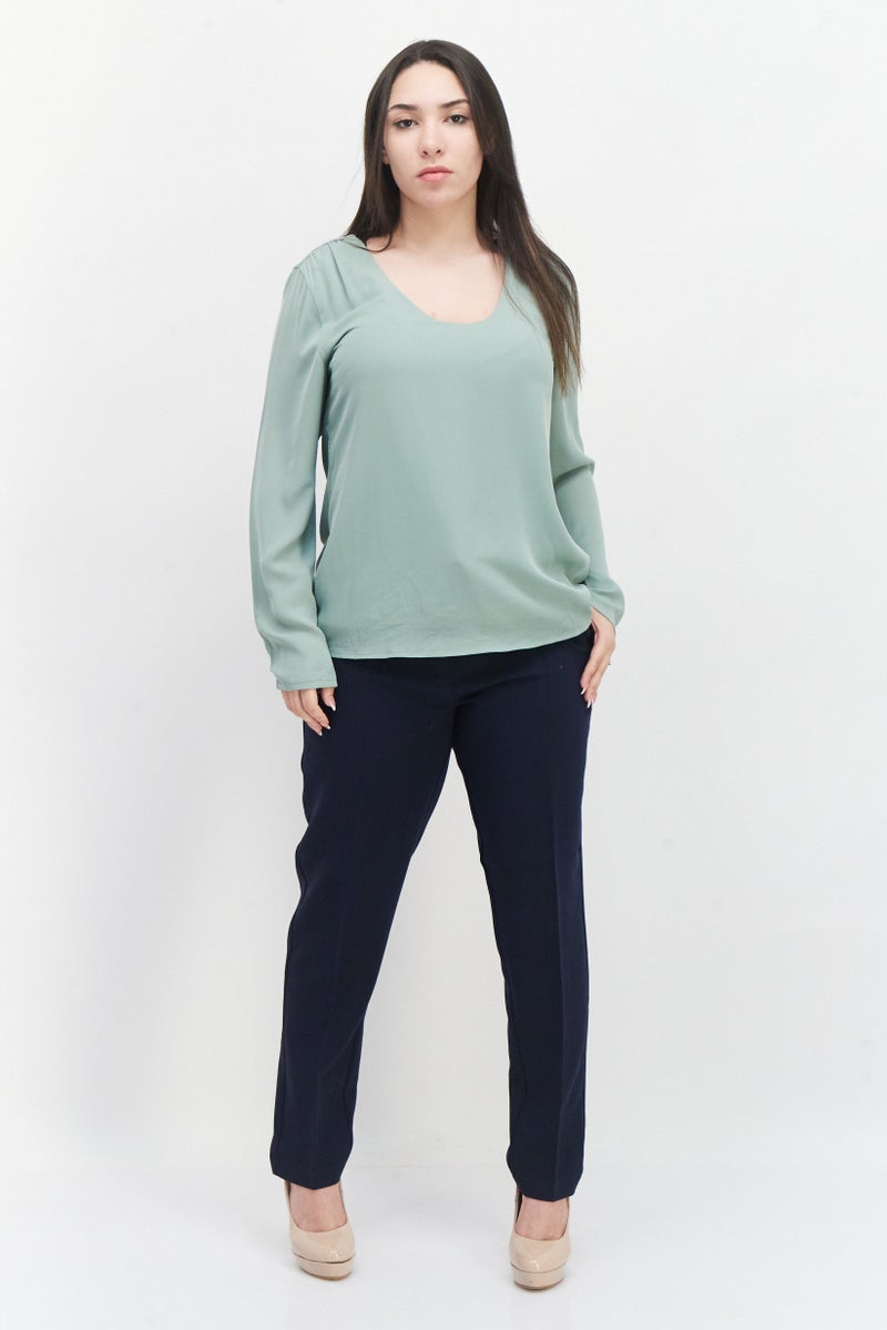 Zero Women Scoop Neck Long Sleeve Plain Blouse, Sage Green - Image 2