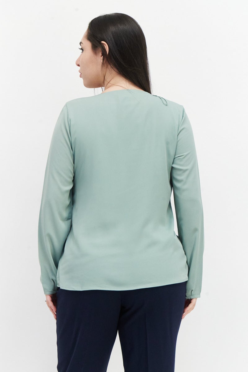 Zero Women Scoop Neck Long Sleeve Plain Blouse, Sage Green - Image 4