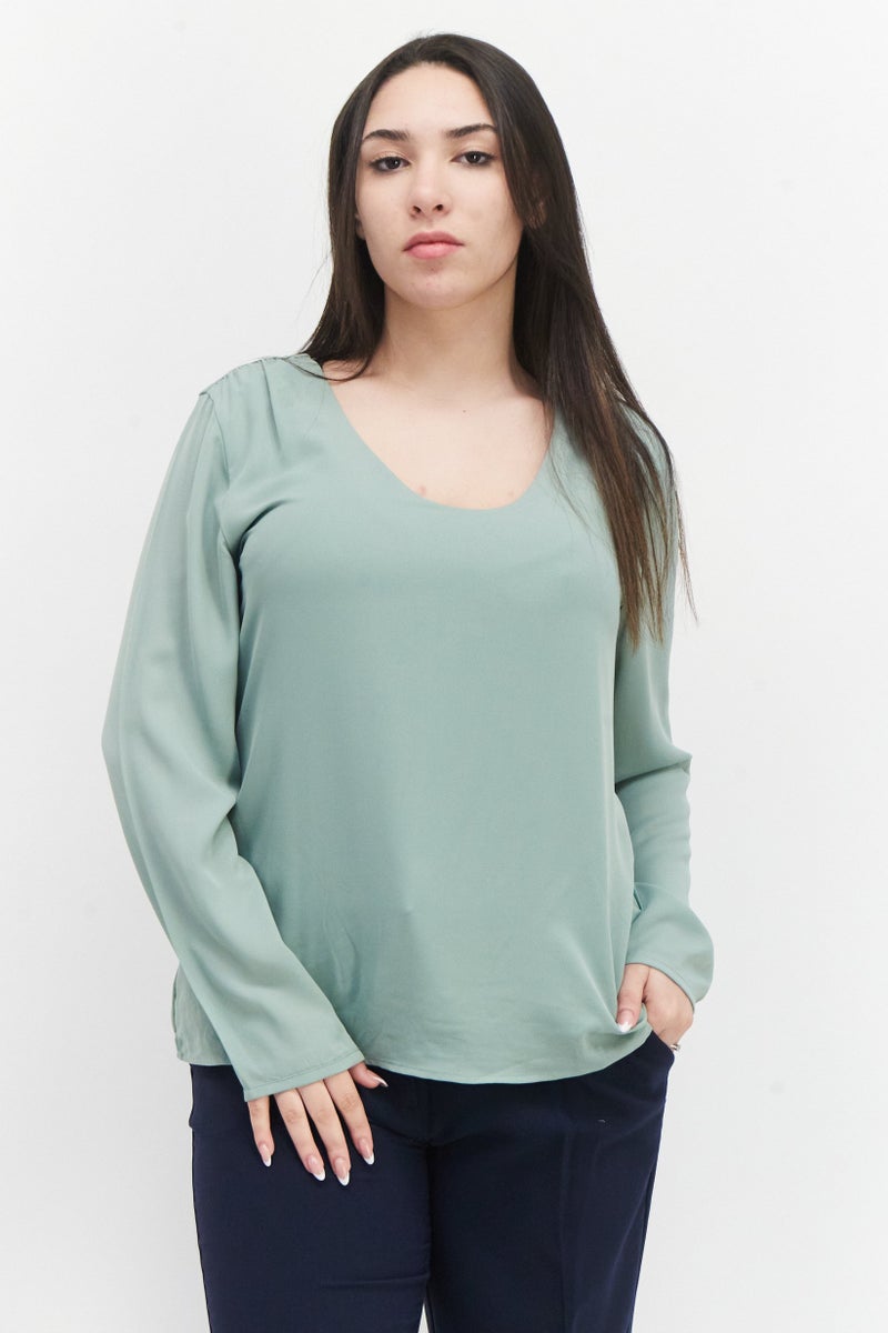 Zero Women Scoop Neck Long Sleeve Plain Blouse, Sage Green - Image 1
