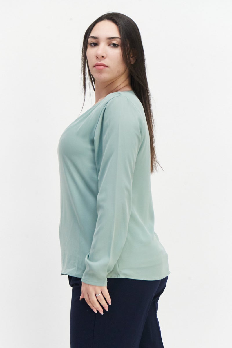 Zero Women Scoop Neck Long Sleeve Plain Blouse, Sage Green - Image 3