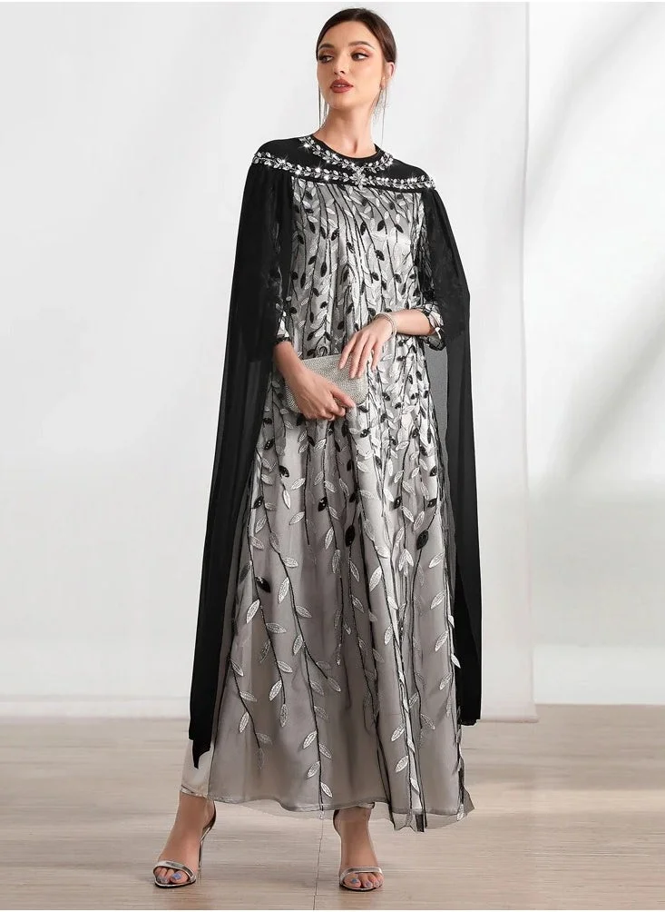 Madam Uniq New Black and White Leaf Lace Embroidered Fashion Cape Style Faux Two-Piece Dress