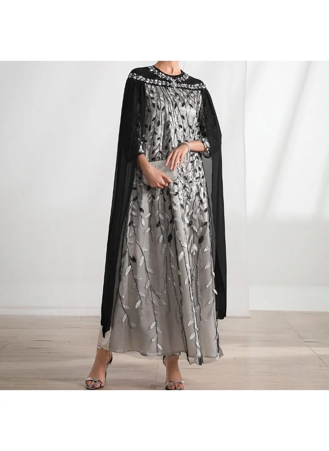 Madam Uniq New Black and White Leaf Lace Embroidered Fashion Cape Style Faux Two-Piece Dress