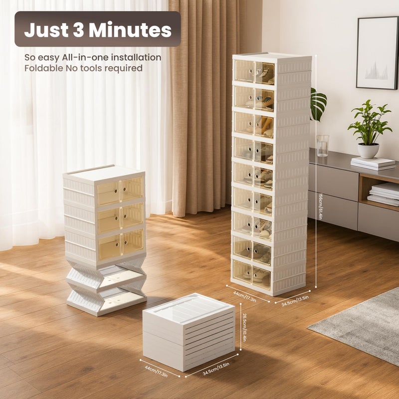 Tykacna Foldable Shoe Organizer Storage Box, Portable Extra Large Folding Shoe Rack for Closet, Shoe Storage Box with Magnetic Transparent Door and Wheels, 9 Layers 18 Grids - Image 2