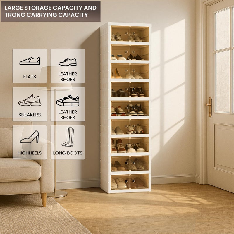Tykacna Foldable Shoe Organizer Storage Box, Portable Extra Large Folding Shoe Rack for Closet, Shoe Storage Box with Magnetic Transparent Door and Wheels, 9 Layers 18 Grids - Image 5