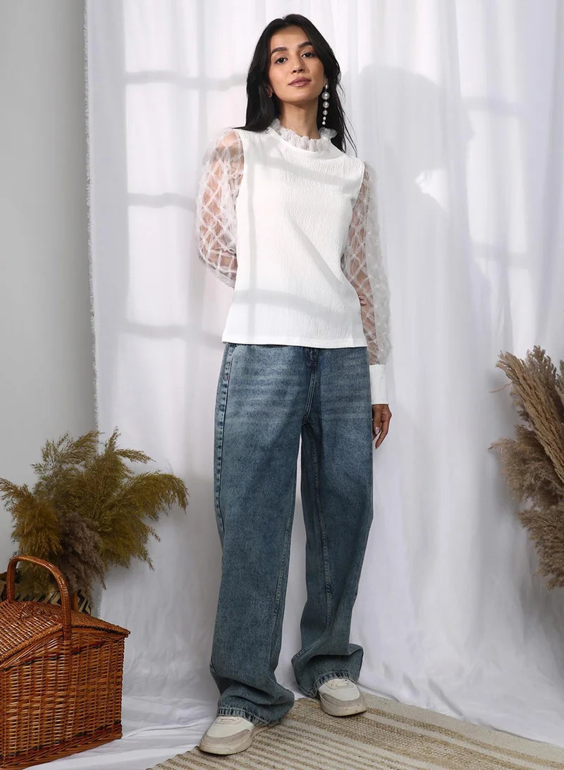 Pinacolada  Women's Powder White Sheer Block Top for Women | Best Price UAE