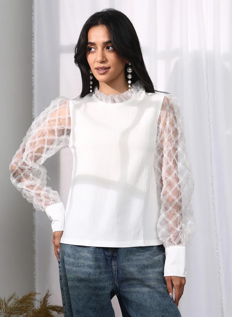 Pinacolada  Women's Powder White Sheer Block Top for Women | Best Price UAE