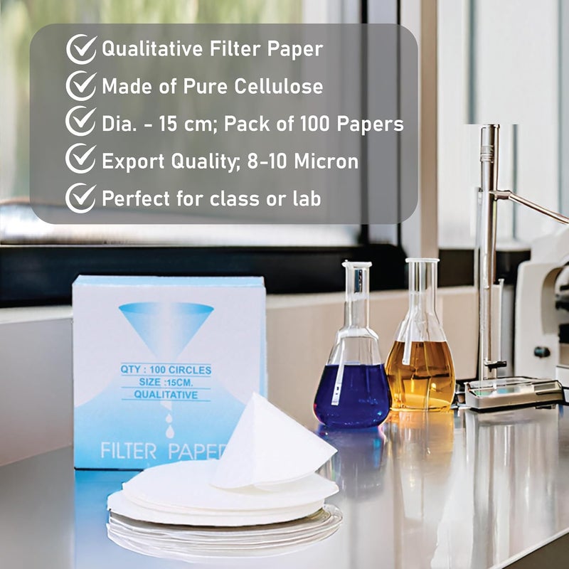 EISCO عبوة من 100 ورقة فلتر نوعية ممتازة - 15 سم، 8-10 ميكرون، ورق مختبر عالي النقاء للكيمياء، ترشيح السوائل، التجارب العلمية، البحث، الفصول الدراسية وأنشطة STEM - Image 5