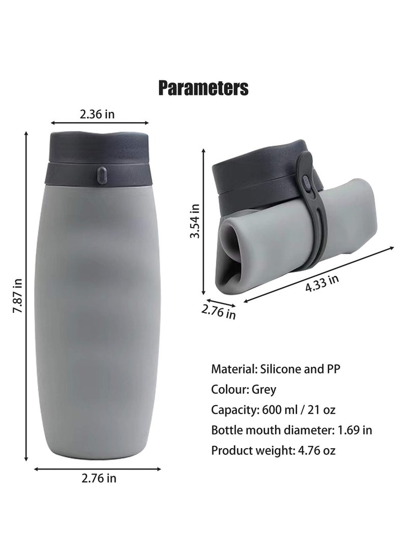 SOLARAE Silicone Collapsible Water Bottle, Folding Travel Kettle, Lightweight Sports Cup, Portable Camping Hiking Gym Canteen School, BPA Free Outdoor/Indoor Leak Proof Jug, Container, 600ml/21oz(Grey) - Image 5