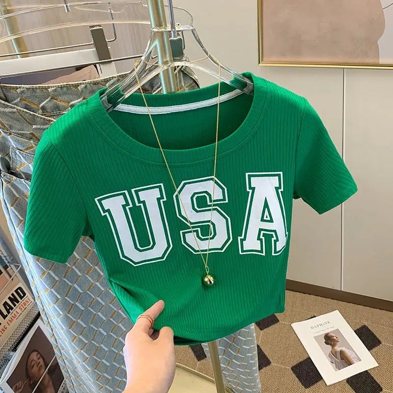 Korean Style Fashionable Elegant Round Neck Contrast Color Short-sleeved T-shirt Womens 2024 Summer New Slim-fit All-match Slim Look Top White - Image 2