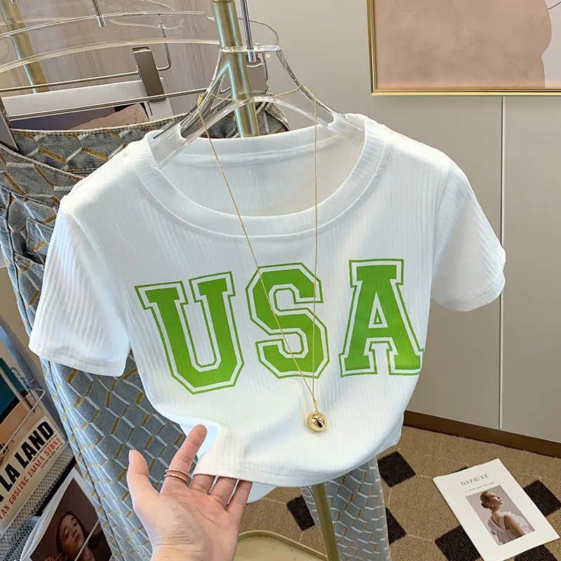Korean Style Fashionable Elegant Round Neck Contrast Color Short-sleeved T-shirt Womens 2024 Summer New Slim-fit All-match Slim Look Top White - Image 1