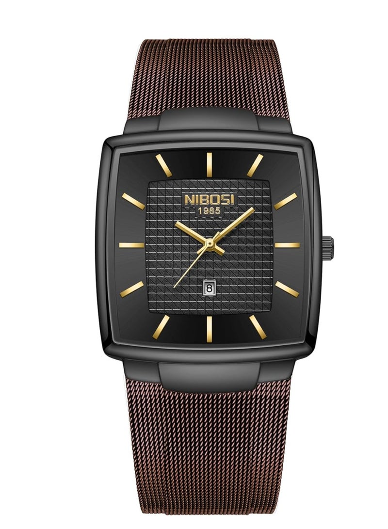 NIBOSI NIBOSI Square Style Waterproof Sport Watch, Stainless Steel Mesh Strap, Date Calendar, Quartz Movement 