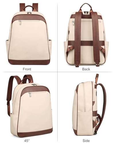 MASINTOR 15.6 inch Leather Laptop Backpack Purse for Women, Designer Travel and Work Bag with Laptop Compartment Beige Brown - Image 4