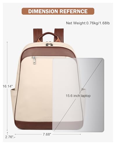 MASINTOR 15.6 inch Leather Laptop Backpack Purse for Women, Designer Travel and Work Bag with Laptop Compartment Beige Brown - Image 5