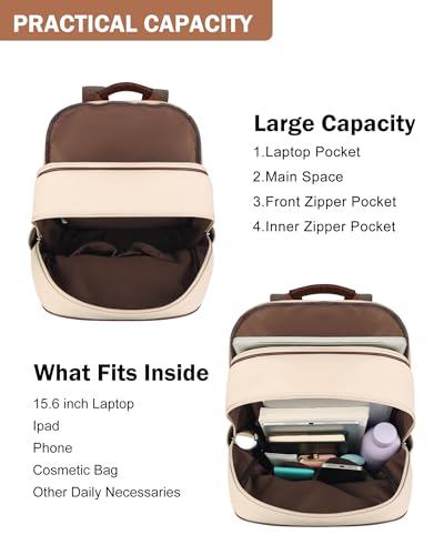 MASINTOR 15.6 inch Leather Laptop Backpack Purse for Women, Designer Travel and Work Bag with Laptop Compartment Beige Brown - Image 3